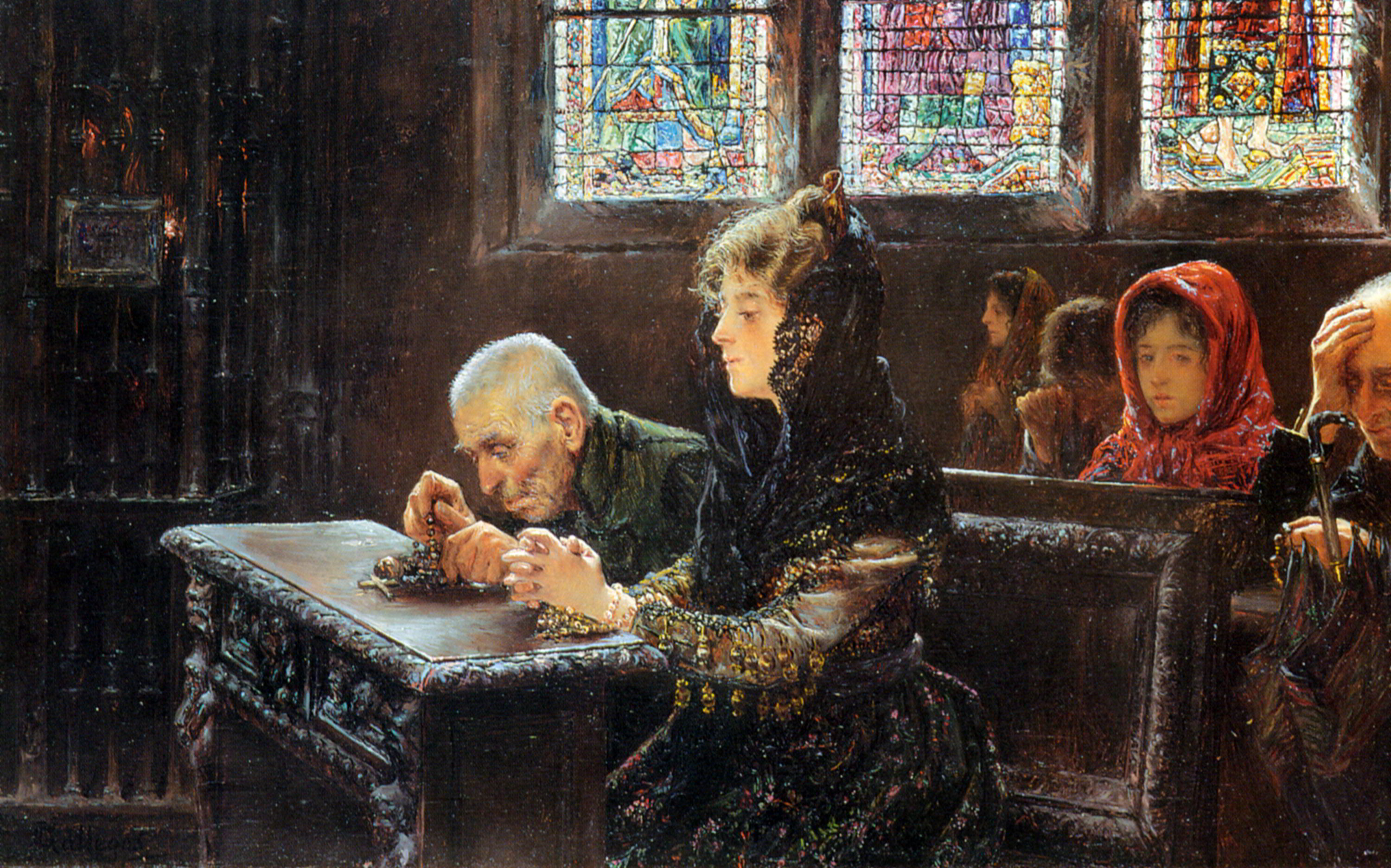 上图：西班牙画家何塞·加列戈斯·阿诺萨（José Gallegos y Arnosa，1857-1917年）于1902年所画的《El Rosario》，描绘当时教堂里的妇女用薄纱蒙头。