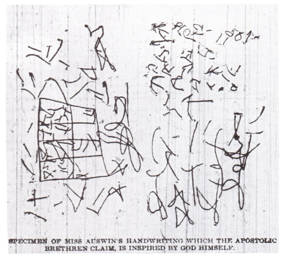 上图：1901年，美国堪萨斯州伯特利圣经学校（Bethel Bible School）的女学生艾格妮斯·欧兹曼（Agnes Ozman）开始说方言以后所写的「中文」。欧兹曼小姐开始说方言，标志着现代五旬节运动和灵恩运动的开始。
