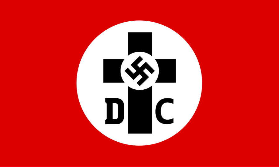 上图：1934年的德意志基督徒（German Christians）旗帜。德意志基督徒是「正面基督教」运动的产物。「正面基督教 Positive Christianity」是纳粹德国的一场融合了种族纯洁、纳粹意识形态和基督教元素的运动。1920年，希特勒在纳粹党党纲第24条称：「本党代表正面基督教的立场」。「正面基督教」运动是非宗派的，对这个词的各自解读，缓解了德国主流基督徒对纳粹运动反对建制教会的担心。「正面基督教」认为，传统基督教只强调基督生活的被动而不是主动方面，只强调祂的出生、受苦、受死和救赎。所以他们要用「正面、积极」的方面来取代传统神学，强调基督是反对犹太教的积极的传道者、组织者和斗士，否定基督和圣经的犹太起源。1937年，纳粹教会事务部长Hanns Kerrl解释：「正面基督教」并不倚靠《使徒信经》，也不倚靠「信基督为神的儿子」，而是主张「元首是新启示的先驱」。纳粹思想理论家阿尔弗雷德·罗森贝格（Alfred Rosenberg）把天主教和新教称为「负面的基督教 negative Christianity」，他在二战期间为德国未来的宗教起草了一个计划，准备驱逐外国基督教势力，在纳粹教会中用《我的奋斗》代替圣经，用万字符（卐）代替十字架。