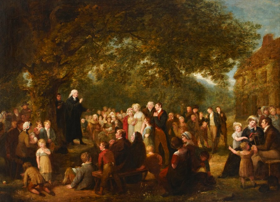 上图：英国画家Maria Spilsbury（1776-1820年）创作的油画，描绘约翰·卫斯理（1703-1791年）1789年在爱尔兰讲道，画中的妇女都带着帽子或头巾蒙头。