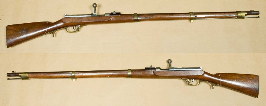 上图：1841年的德莱赛针发枪（Dreyse Needle Gun），开枪时用击针贯穿纸筒式弹壳、撞击子弹底部的雷管。射速每分钟6发。普鲁士于1841年率先装备现代后膛步枪和定装弹，于1848年的德国革命中首次使用，经历1864年普丹战争、1866年普奥战争、1870年普法战争三大战役后，使普鲁士迅速崛起、统一德国，并间接导致意大利统一。直到1872年，才被毛瑟1871型步枪代替。