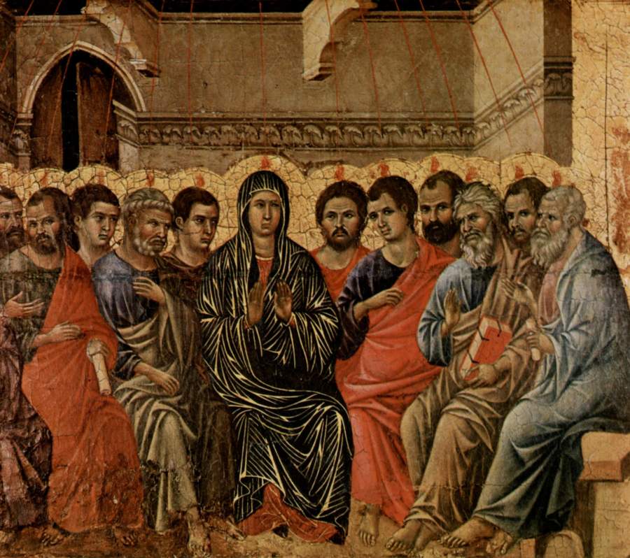上图：意大利画家杜奇欧（Duccio di Buoninsegna）创作于1308-1311年的五旬节画像，描绘了五旬节圣灵降临，众门徒领受说方言的恩赐。