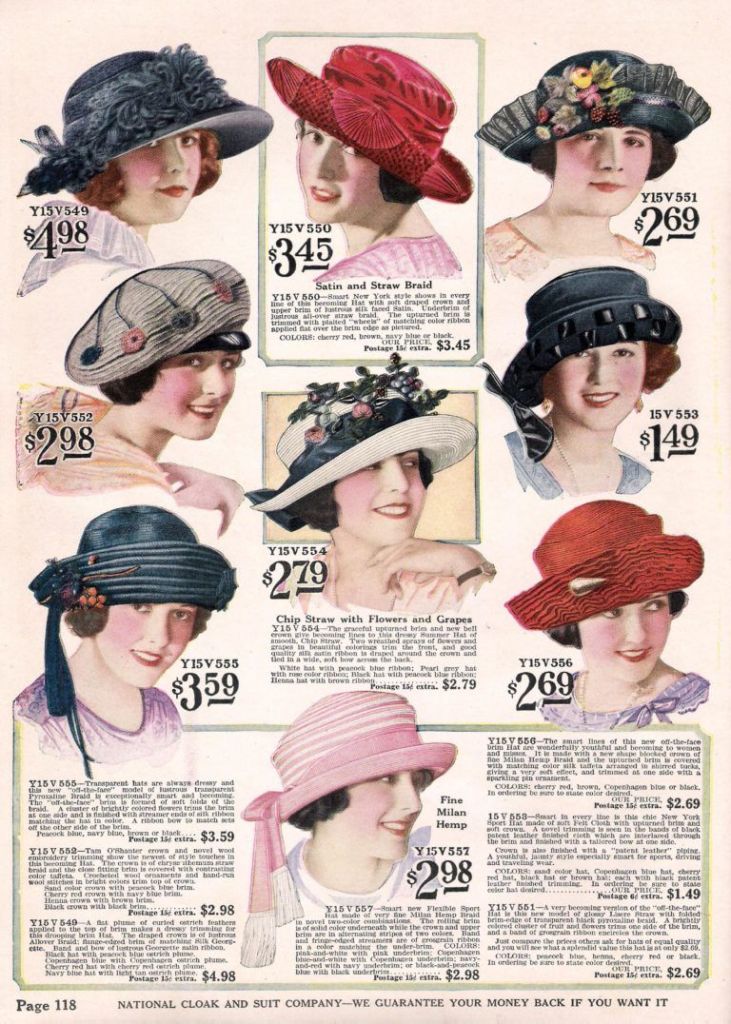 上图：1922年的美国女士帽（Ladies' Hats）广告，帽子的意义已经从谦卑的蒙头变为时尚的装饰品。
